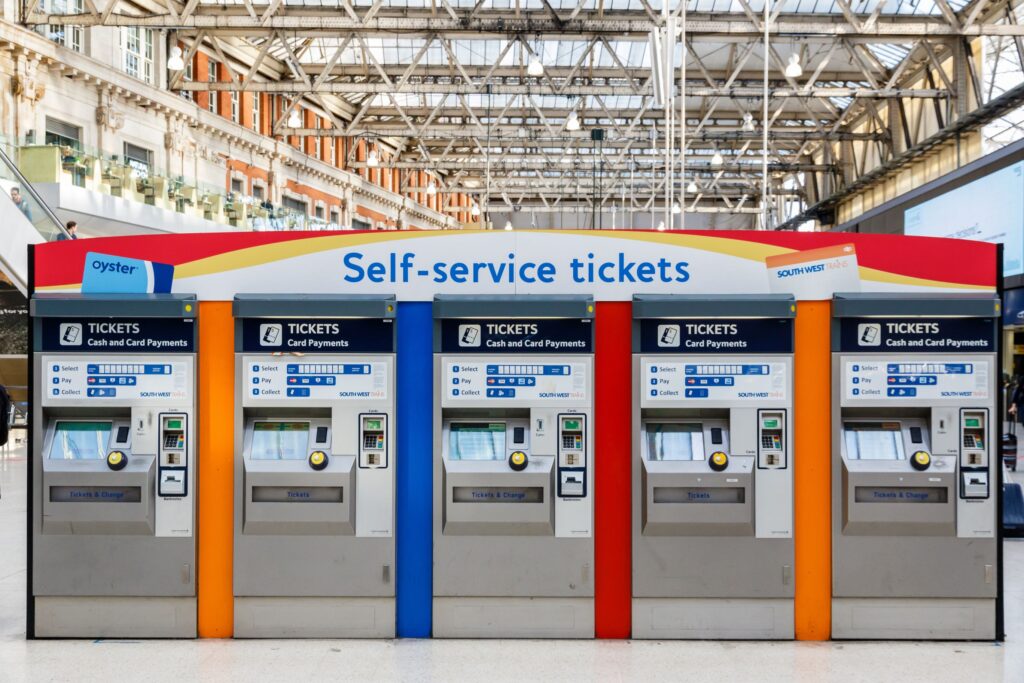 A bank of ticket machines at a train station